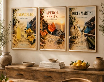 Mediterrane cocktailmuurkunst set van 6: Italiaanse zomerdrankjes, aperol spritz limoncello martini