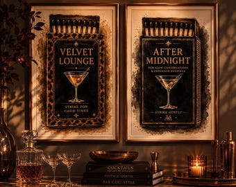 Vintage cocktail matchbox muurkunst set van 5: donker vrouwelijk decor, luxe aquarelposters