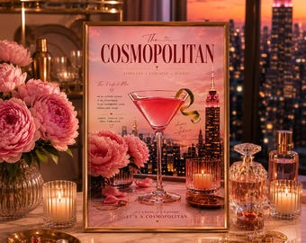 Roze kosmopolitische cocktailmuurkunst: vrouwelijk appartementdecor, luxe barwagen poster afdrukbaar