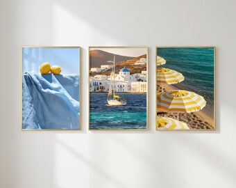 Minimale kustgalerij muurkunstset – Mediterrane zomer, citroen, zeilboot, afdrukbaar strandparasol