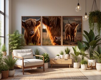 Highland Cow Wall Art Set van 8, Schotse runderen, rustiek boerderijdecor, afdrukbaar
