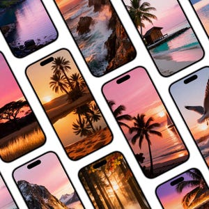 Könnte beinhalten: Eine Ansammlung von Smartphones, die verschiedene Sonnenuntergangsszenen zeigen. Jedes Telefon zeigt eine andere Landschaft, darunter Palmen, Meereswellen und Bergketten, die alle in warmem, goldenem Licht gebadet sind. Die Bildschirme zeigen lebendige Farben und detaillierte Bilder.