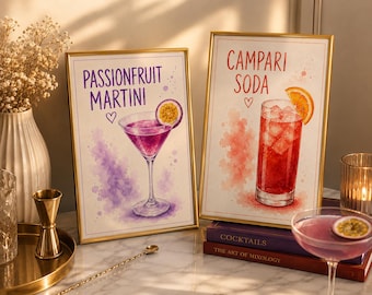 Kleurrijke cocktailmuurkunst, set van 2 - roze en paarse passievruchtenmartini, afdrukbaar Campari-frisdrank