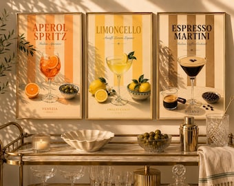 Mediterrane cocktailmuurkunst set van 3: afdrukbare espresso martini, aperol spritz, limoncello