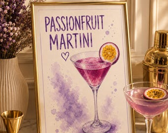 Afdrukbare muurkunst passievrucht martini, paarse cocktailposter, aquarel barwagen keukendecor