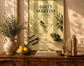 Vuile martini-olijfcocktail kunst aan de muur: Riviera France-barwagendecor, afdrukbare keukenposter