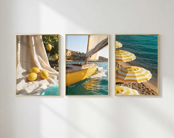 Amalfikust muurkunst set van 3 | Citroen, zeilboot, parasol mediterraan decor afdrukbaar