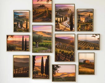 27 Toscane zonsondergang muurkunstbundel: Italiaans platteland, cipressen, afdrukbaar kleurrijk landschap