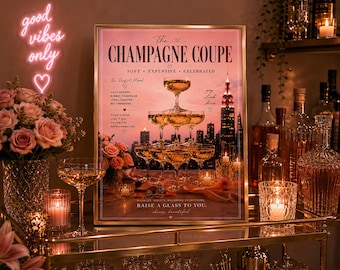 Roze champagnetoren cocktailkunst aan de muur: vrouwelijke luxe Parijse barwagen afdrukbare poster