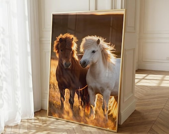 2 IJslandse paarden muurkunst set van 3: warm neutraal Scandinavisch boerderijdecor afdrukbaar