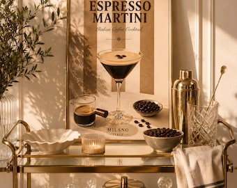 Espresso martini kunst aan de muur: Italiaanse koffie cocktailposter, Milano bar cart decor afdrukbaar