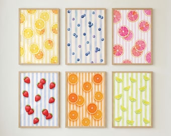 Gestreepte fruit muurkunst set van 6: kleurrijk mediterraan keukendecor afdrukbaar, citroensinaasappel