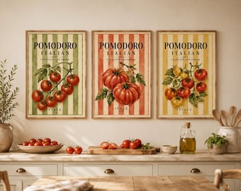 Italiaanse tomaat muurkunst set van 3: vintage mediterrane heirloom streep aquarel keuken afdrukbaar