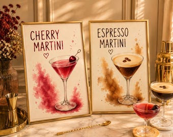 Espresso martini en kersenmartini muurkunstset - cocktailbar kar decor afdrukbaar