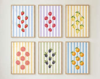 Gestreepte fruit muurkunst set van 8: modern keukendecor, afdrukbaar met citroen-aardbei