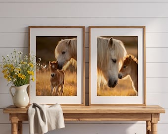 IJslandse merrie veulen muurkunst set van 3: decor nordic paard, afdrukbare gouden weide