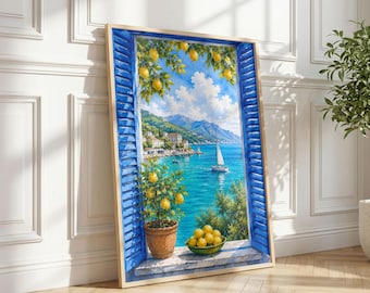 Muurkunst met uitzicht op het raam Set van 3: mediterraan blauwe sluiter citroen aquarel afdrukbare kust