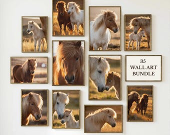IJslandse paard muurkunst bundel van 35: warm neutraal Scandinavisch boerderijdecor afdrukbaar