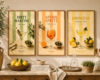 Cocktailmuurkunst set van 3: aperol spritz, limoncello, vuile martini decor afdrukbaar