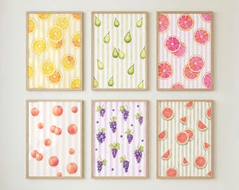Bundel kleurrijke fruitmuurkunst: gestreepte galerijmuur, set van 12 afdrukbaar