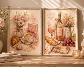 Parijse romantiek muurkunst Set van 4: French Café, rosé, roze bloemencoquette afdrukbaar