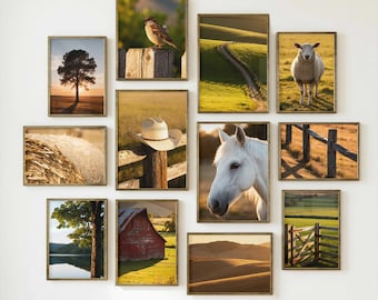 12 bundel stille plattelandsmuurkunst, rustiek landschap, zacht western cowgirldecor afdrukbaar