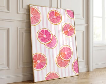 Italiaanse zomer citrusvruchten streep muurkunst set: citroen sinaasappel grapefruit keuken decor afdrukbaar