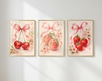 Coquette Fruit aquarel muurkunst set van 3: roze strik kersen perzik aardbei Cottagecore