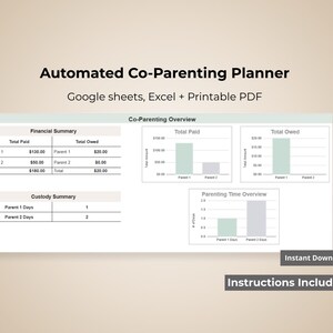 Puede incluir: Un planificador digital de coparentalidad con resúmenes financieros, detalles de custodia y descripciones generales del tiempo. El planificador está disponible en Google Sheets, Excel y PDF imprimible. Incluye el texto "Automated Co-Parenting Planner".