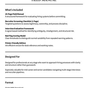 Peut inclure: Document blanc intitulé "THE CANDIDATE INTELLIGENCE FIELD MANUAL". Le manuel détaille ce qui est inclus, conçu pour et le format. Contenu : manuel de 29 pages, liste de contrôle du recruteur et cadre d'entretien.