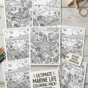 May include: A collection of seven black and white marine life coloring pages. Each page features detailed illustrations of various sea creatures, including sharks, seals, and starfish, with a lighthouse and other marine elements. The text "Ultimate Marine Life Coloring Pack - 7 Designs" is visible.