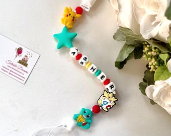Personalized Baby Pacifier Clip, Custom Name, Pikachu Design, Silicone Beads (Newborn Gift)