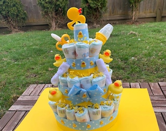 Rubber Duck Baby Shower Diaper Cake - Yellow Duckie Theme Gift for Baby Boy or Girl - Gender Neutral Newborn Present