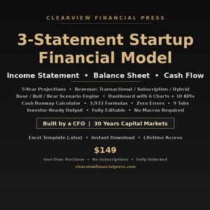 May include: A dark background with gold text promoting a 3-Statement Startup Financial Model. The model includes income statements, balance sheets, and cash flow projections. Features include 5-year projections, revenue analysis, and a cash runway calculator.