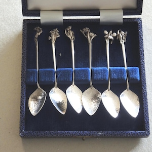 May include: A set of six silver-toned metal spoons with textured, leaf-shaped bowls and handles topped with distinct floral and botanical motifs. The spoons are arranged in a row within a dark blue velvet-lined presentation box with a hinged lid.