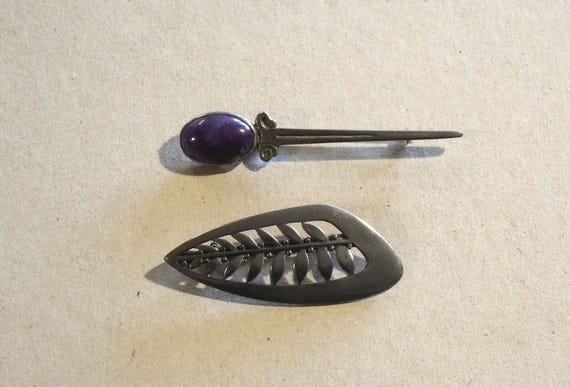 Vintage Scotland Pewter Brooches Ceard Rowan Tree Amethyst Kilt Pin