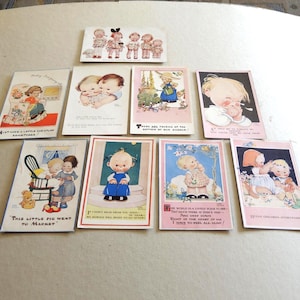 May include: A selection of vintage postcards with illustrations of children. The cards show children in various scenes, such as playing, cuddling, and interacting. The colour palette includes soft pastels and vintage tones.