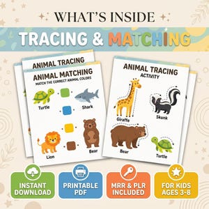 Peut inclure: Feuilles d'activités éducatives imprimables pour enfants de 3 à 8 ans. Elles présentent des jeux de traçage et d'association d'animaux avec des illustrations colorées d'une tortue, d'un requin, d'un lion, d'une girafe, d'une mouffette et d'un ours. Contient le texte "Téléchargement instantané" et "PDF imprimable".
