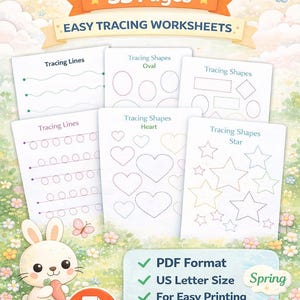 Peut inclure: Ensemble de feuilles d'exercices éducatives pour enfants, avec des exercices de traçage de lignes et de formes. L'image présente un lapin tenant une carotte, le texte "KidsLearnTryStudio", "33 Pages", et "Easy Tracing Worksheets". Format PDF.