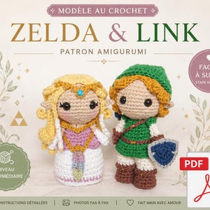 Peut inclure: Un document de modèle au crochet pour des poupées amigurumi Zelda et Link. Le texte indique MODÈLE AU CROCHET, ZELDA & LINK, PATRON AMIGURUMI, FACILE À SUIVRE, NIVEAU INTERMÉDIAIRE, INSTRUCTIONS DÉTAILLÉES, PHOTOS PAS À PAS, FAIT MAIN AVEC AMOUR.