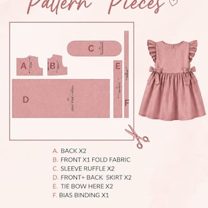 Peut inclure: Un guide de patron de couture intitulé Pattern Pieces présentant une robe rose poudré avec des manches à volants et des nœuds latéraux. Le schéma affiche les pièces A à F, une paire de ciseaux et une liste détaillant les composants de la robe.