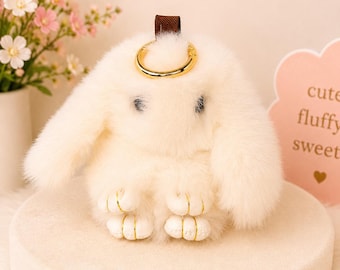 Fluffy Bunny Plush Charm with Keepsake Tin | Kawaii Bag Accessory, Gold Paw Detail