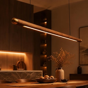 Walnut Wood Linear Pendant Light, Modern LED Dining Table Lamp, Minimalist Kitchen Island Chandelier, Brass Detail