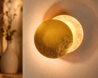 Gold Moon Wall Sconce, Eclipse LED Wall Light, Modern Metal Foil Lamp for Living Room, Bedroom, Hallway & Dining Room