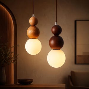 Solid Wood Globe Pendant Light, Japandi Nordic Hanging Lamp, Retro Bedside Ceiling Light, Warm LED Glass Lamp for Bedroom Entryway