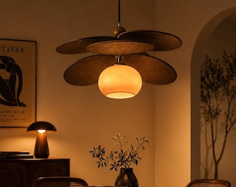 Hanglamp met houten bloemblaadjes, vintage LED-plafondlamp met bolvorm, retro Japandi kroonluchter voor eetkamer, slaapkamer en woonkamer.