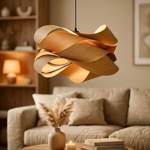 Houten hanglamp, moderne Japandi lamp, Scandinavische plafondlamp, Wabi Sabi verlichting, minimalistische hanglamp, eetkamerlamp, woonkamerlamp