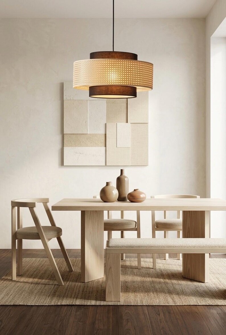 Japandi Rattan Pendant Light, Linen Drum Chandelier, Wabi Sabi Ceiling ...