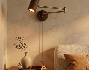 Modern Wooden Wall Sconce, Adjustable Brass Wall Lamp, Bedside Reading Light, Minimalist Bedroom Wall Light, Pull Chain Lamp