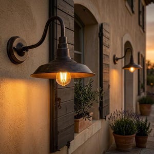 Pode incluir: Luminárias de parede externas em bronze escuro. As lâmpadas têm um braço curvo e uma sombra voltada para baixo, com uma lâmpada visível no estilo Edison. Elas são montadas em uma parede bege texturizada, com persianas de madeira e plantas em vasos.